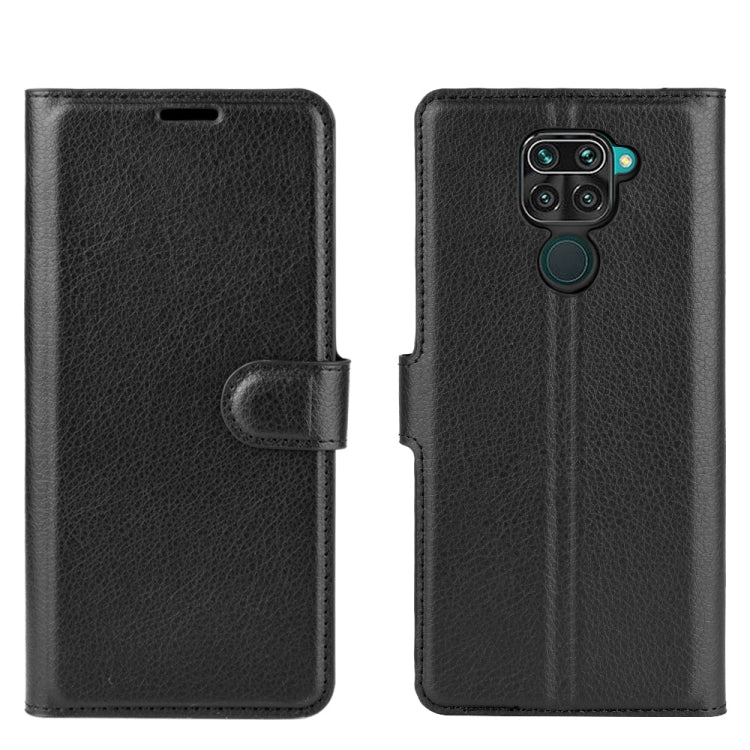 Black litchi-texture flip wallet phone case with side strap and back camera cutout