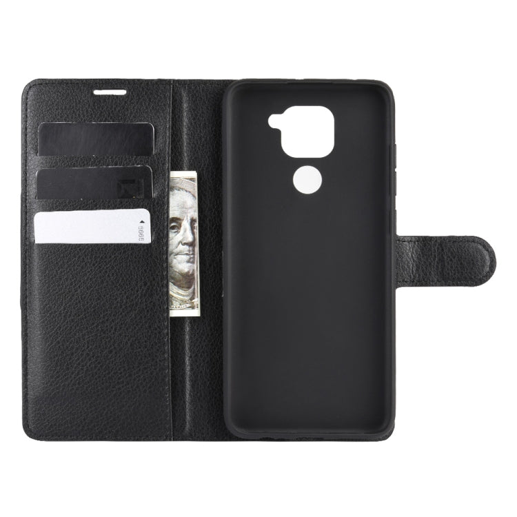 Black flip wallet phone case with card holder slots and stand-style strap