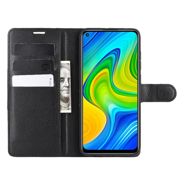 Black litchi-texture flip wallet phone case with card slots and viewing stand