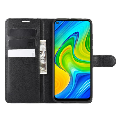 Black litchi-texture flip wallet phone case with card slots and viewing stand