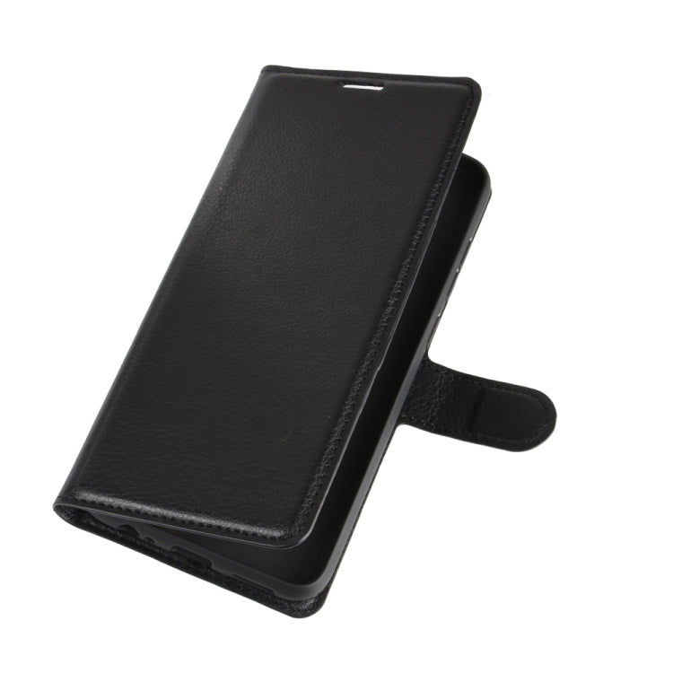 Black litchi-texture folio phone case with side strap and slim back protection