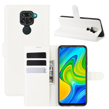 White litchi-texture flip wallet phone case with card slots, stand, and camera cutout