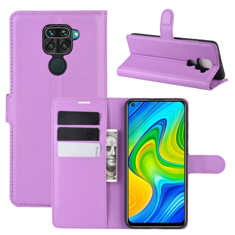 Purple litchi-texture flip wallet phone case with card slots, stand, and camera cutout