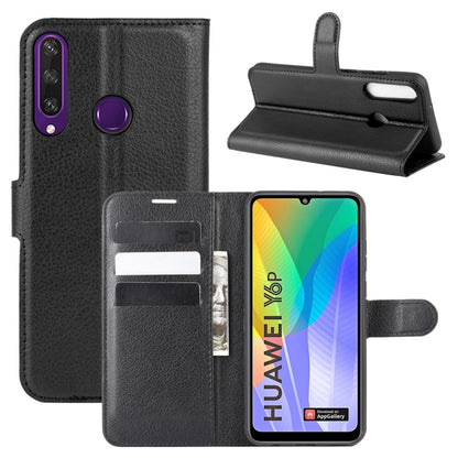 Black litchi-texture wallet phone case with card slots and holder for Huawei Y6p