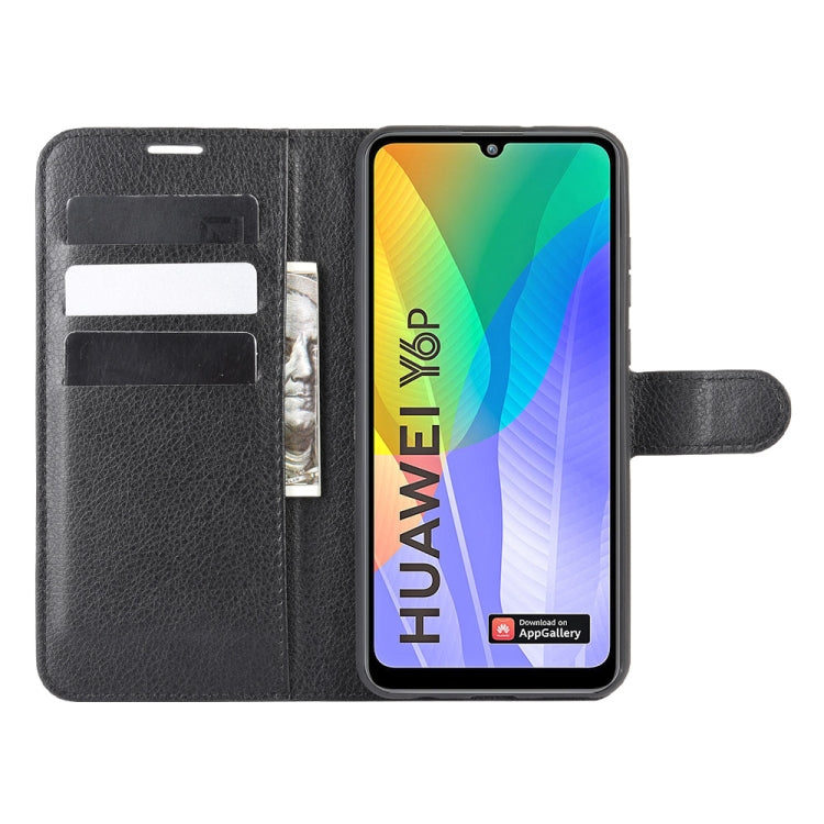 Black wallet phone case with open card slots and visible screen for Huawei Y6p