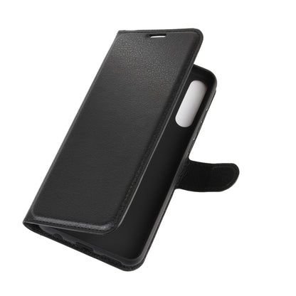 Black flip wallet phone case angled view with side button cutout for Huawei Y6p