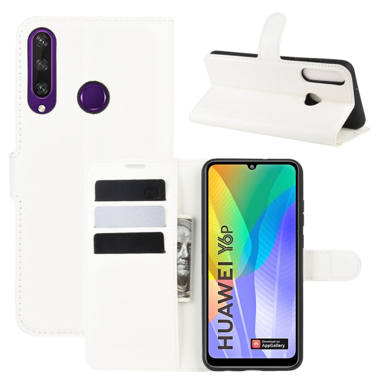 White litchi-texture flip phone case with card slots and stand holder for Huawei Y6p
