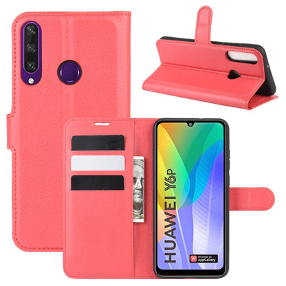 Red litchi-texture flip phone case with card slots and stand holder for Huawei Y6p