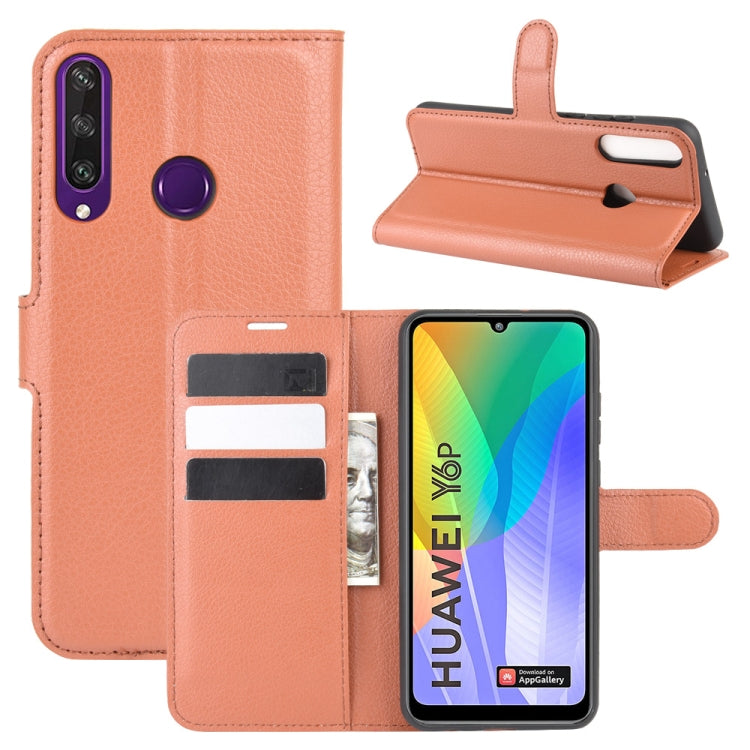 Brown litchi-texture flip phone case with card slots and stand holder for Huawei Y6p