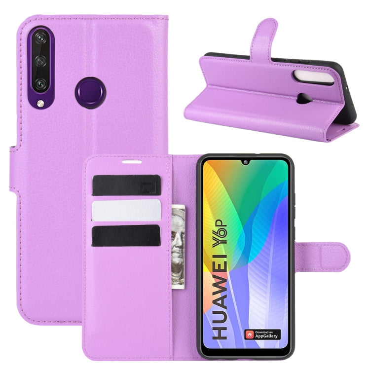 Purple litchi-texture flip phone case with card slots and stand holder for Huawei Y6p