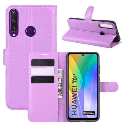 Purple litchi-texture flip phone case with card slots and stand holder for Huawei Y6p