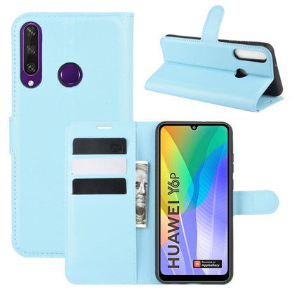 Light blue litchi-texture flip phone case with card slots and stand holder for Huawei Y6p