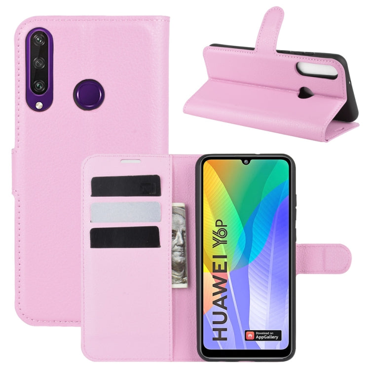 Pink litchi-texture flip phone case with card slots and stand holder for Huawei Y6p