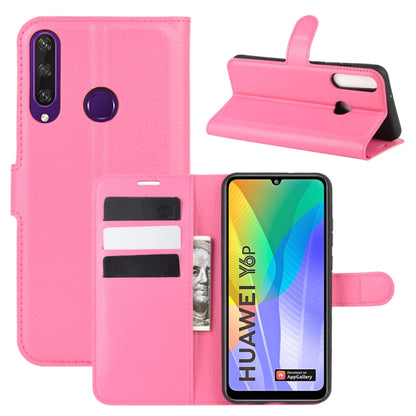 Rose red litchi-texture flip phone case with card slots and stand holder for Huawei Y6p