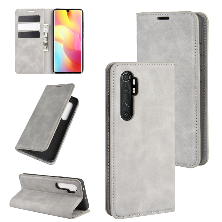 Leather magnetic wallet phone case with card slots, grey for Xiaomi Mi Note 10 Lite.