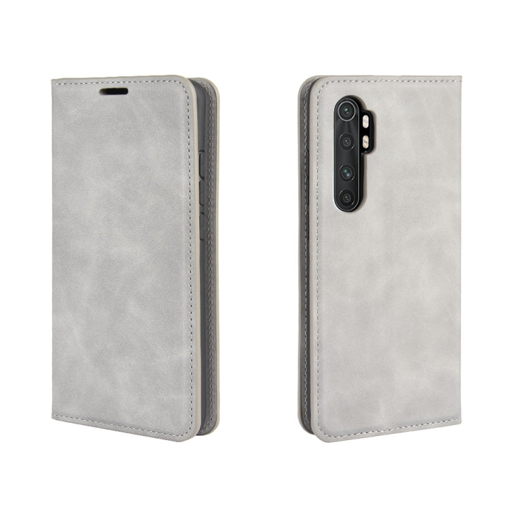 Leather magnetic wallet phone case, grey with cutout, for Xiaomi Mi Note 10 Lite.