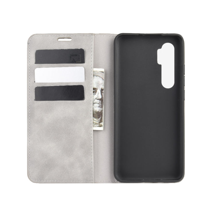 Leather magnetic wallet case with card slots, grey; camera cutout for Xiaomi Mi Note 10 Lite.