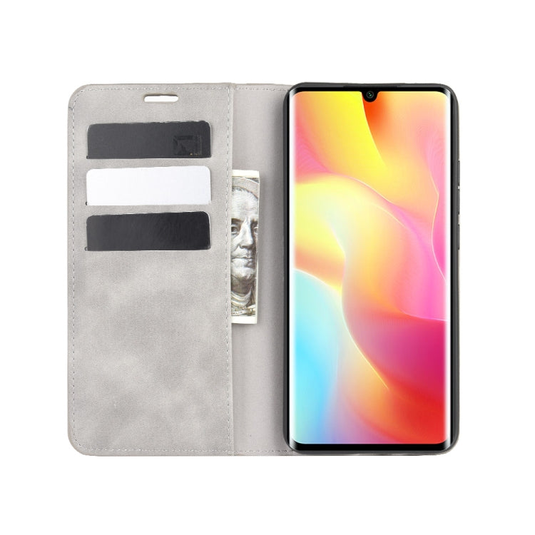 Leather magnetic wallet phone case, grey; full cover with camera cutout for Xiaomi Mi Note 10 Lite.