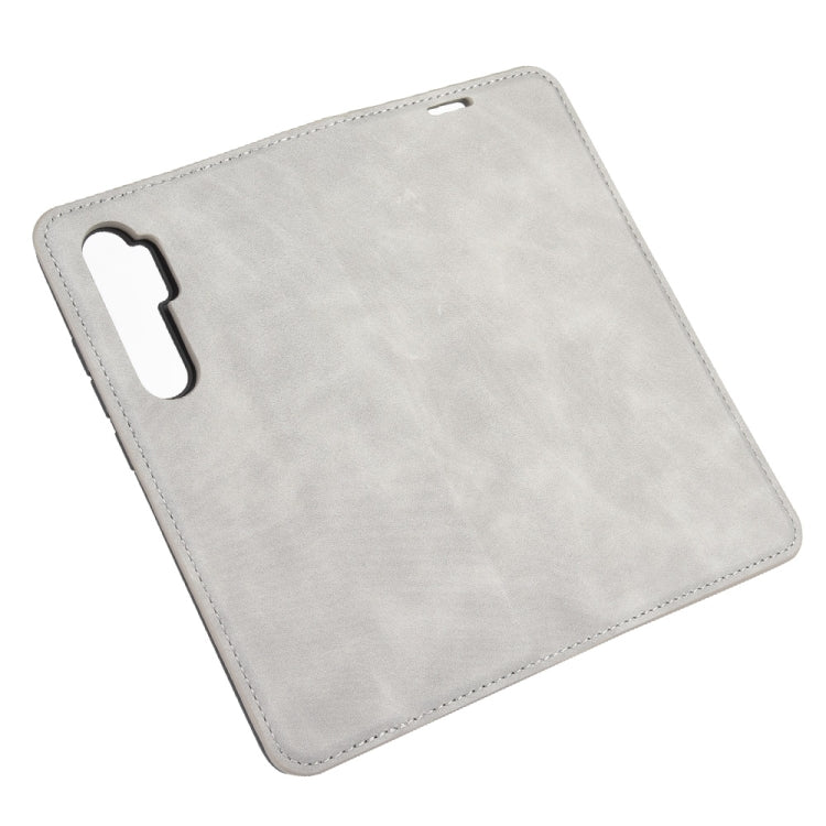 Leather magnetic wallet phone case, grey; slim back with camera cutout for Xiaomi Mi Note 10 Lite.