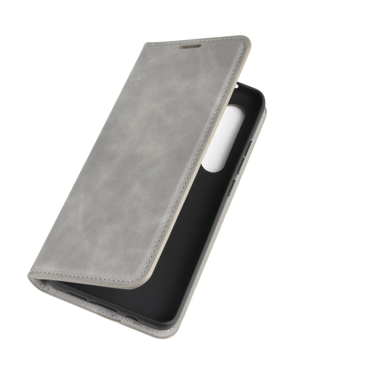 Leather magnetic wallet phone case, grey; flip cover with cutout for Xiaomi Mi Note 10 Lite.