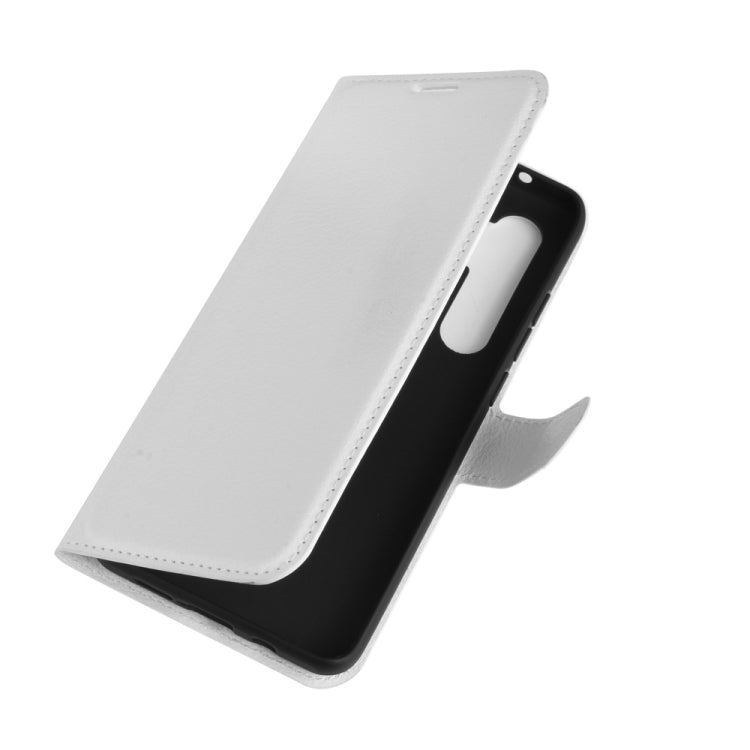 White folio wallet phone case with textured finish and camera cutout for Xiaomi Mi Note 10 Lite