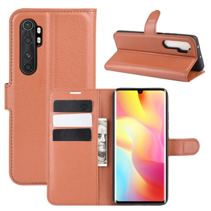 Brown phone flip wallet case with litchi texture, card slots, and stand