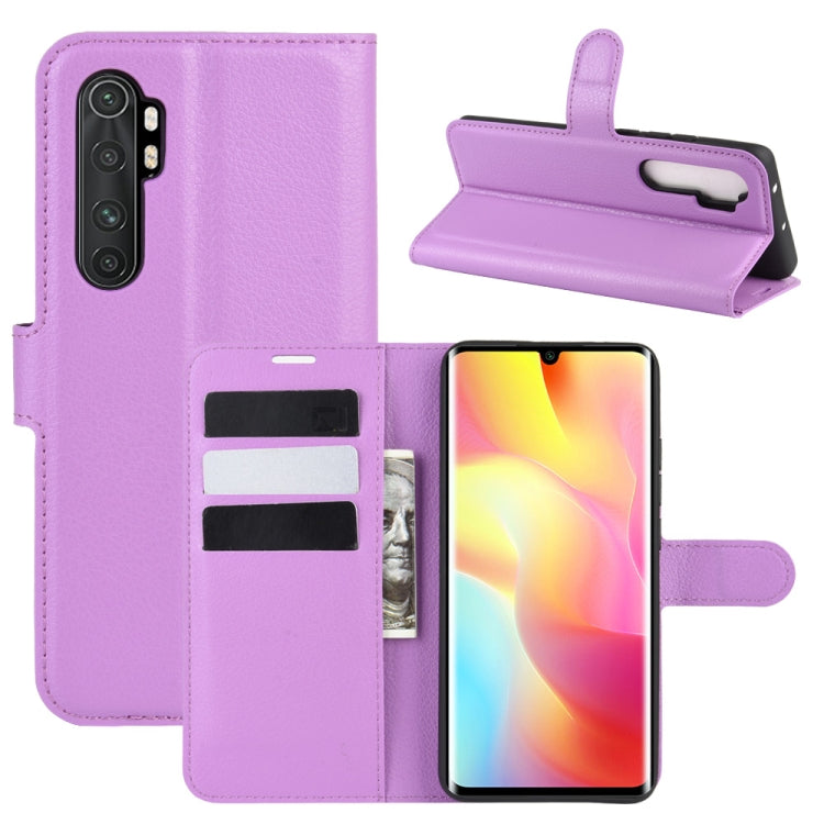 Purple phone flip wallet case with litchi texture, card slots, and stand