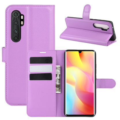 Purple phone flip wallet case with litchi texture, card slots, and stand