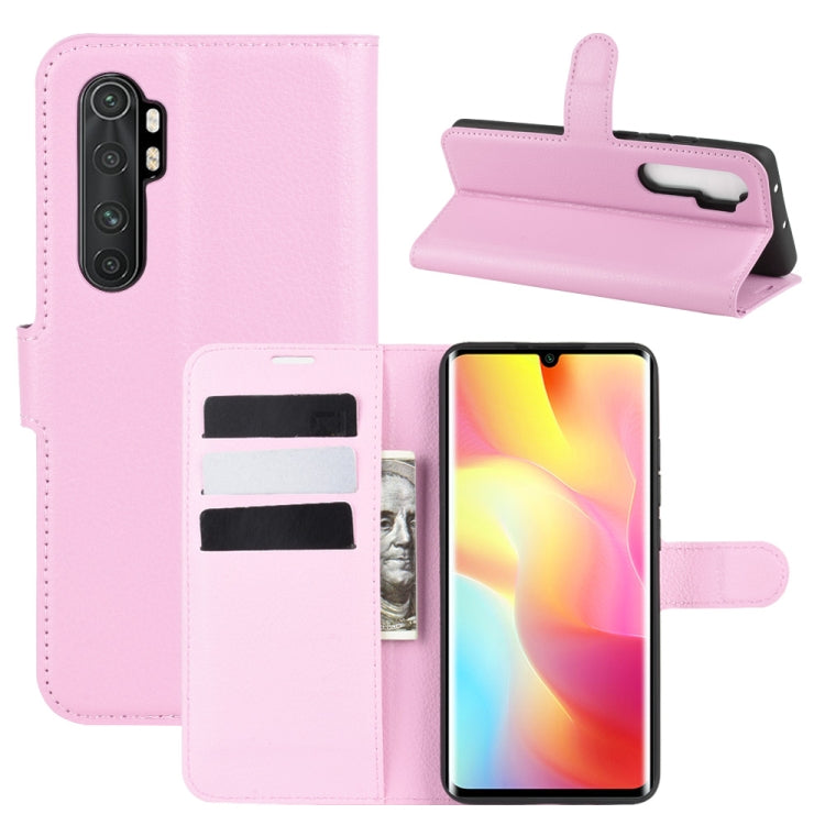 Pink phone flip wallet case with litchi texture, card slots, and stand