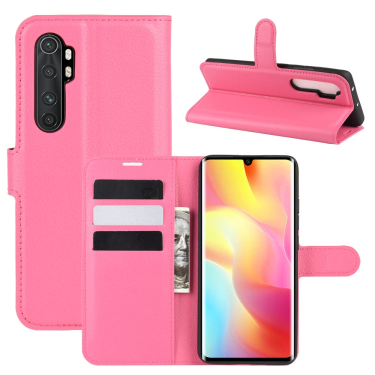 Rose pink phone flip wallet case with litchi texture, card slots, and stand