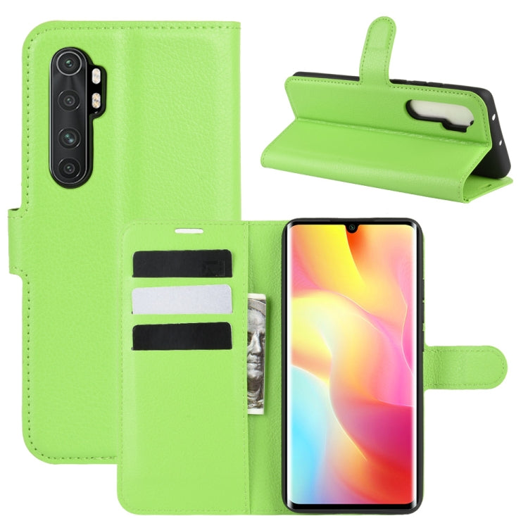 Green phone flip wallet case with litchi texture, card slots, and stand