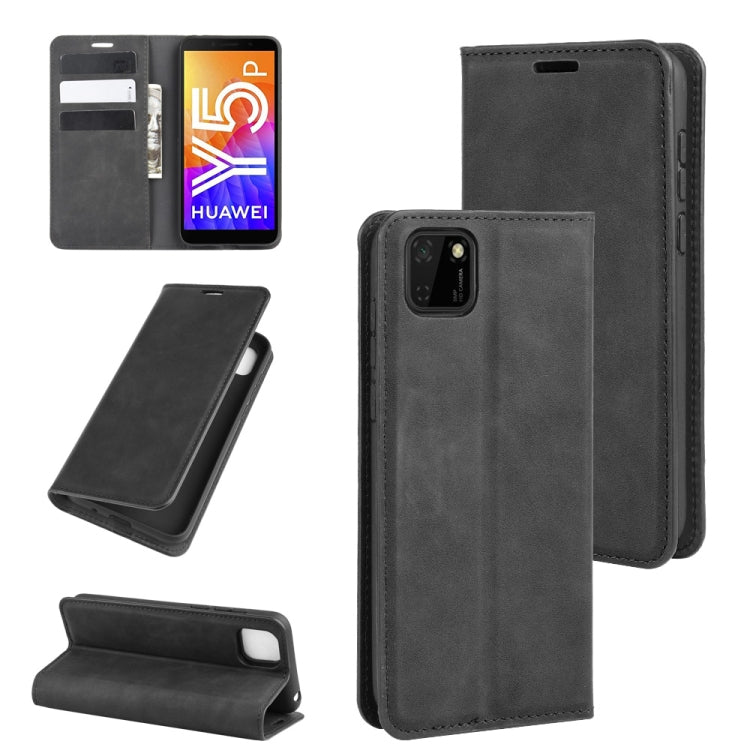 Black leather magnetic phone wallet case with card slots and stand, for Huawei Y5p