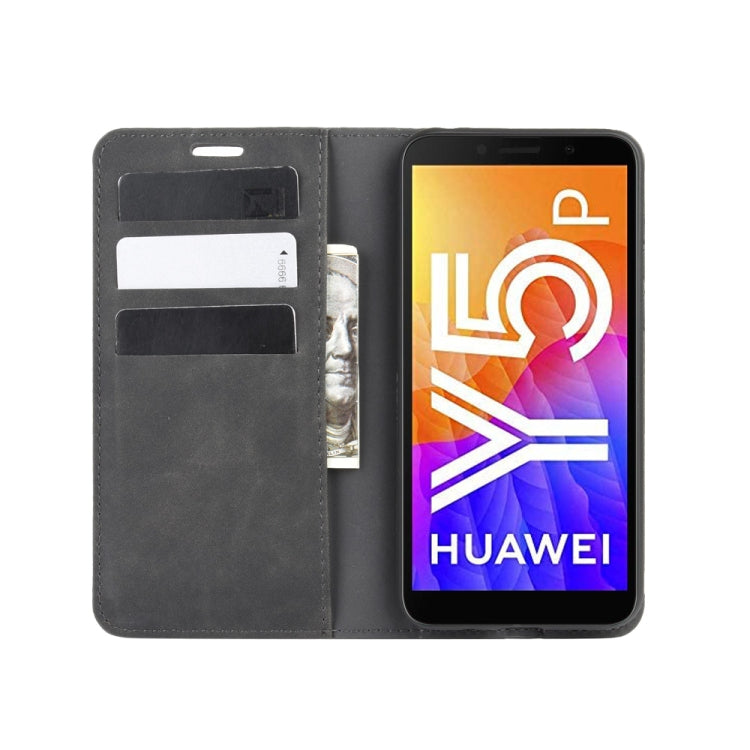 Black leather magnetic phone wallet case with card slots and front cover, for Huawei Y5p