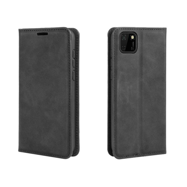 Black leather flip phone wallet case with camera and side cutouts, for Huawei Y5p