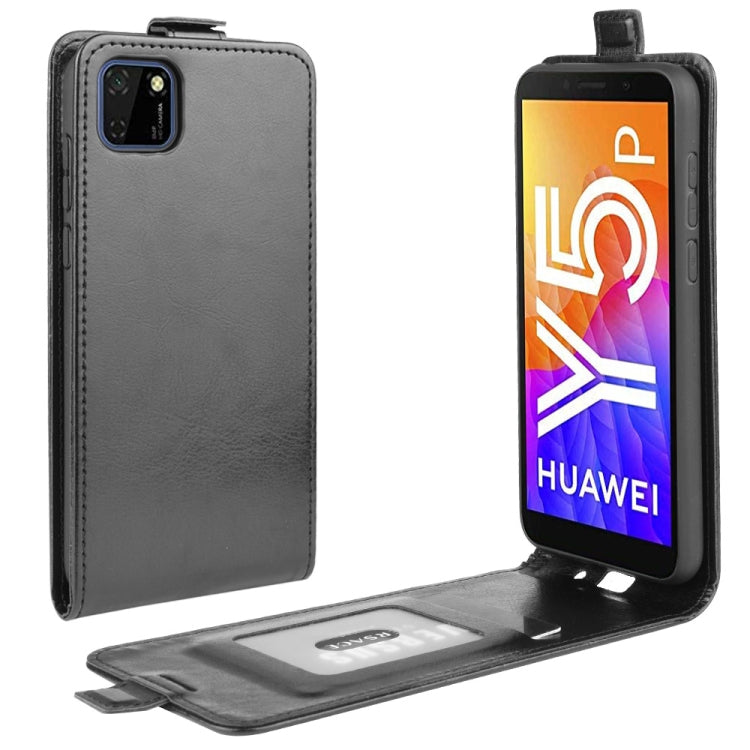 Black leather vertical flip phone case with card slots and photo frame view window