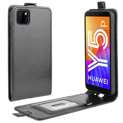 Black leather vertical flip phone case with card slots and photo frame view window