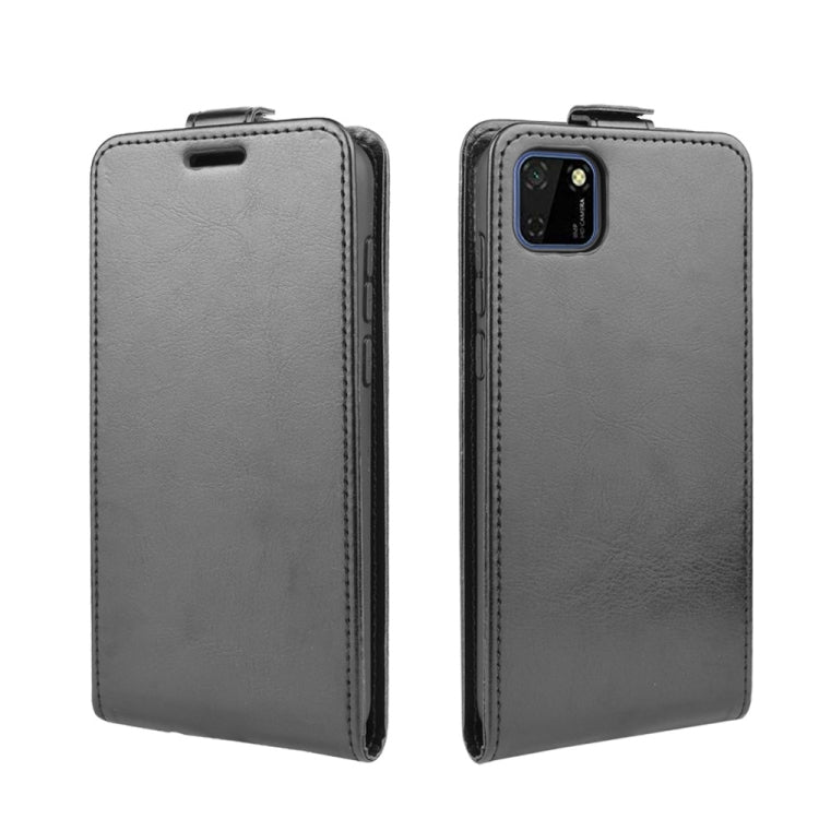 Black leather vertical flip phone case with side openings and camera cutout