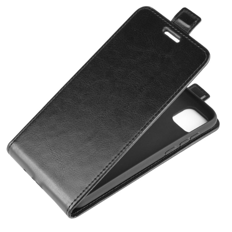 Black leather vertical flip phone case with front cover and protective phone cutout