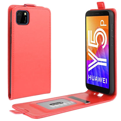 Red leather vertical flip phone case with card slots and side camera opening