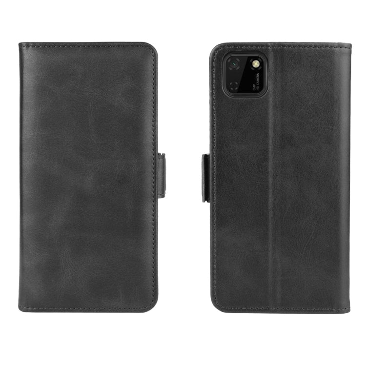 Black leather flip wallet case showing front and back panels with camera cutout