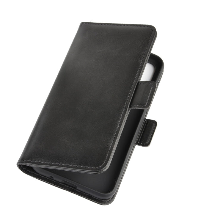 Black leather flip wallet case with stitched edges and magnetic strap