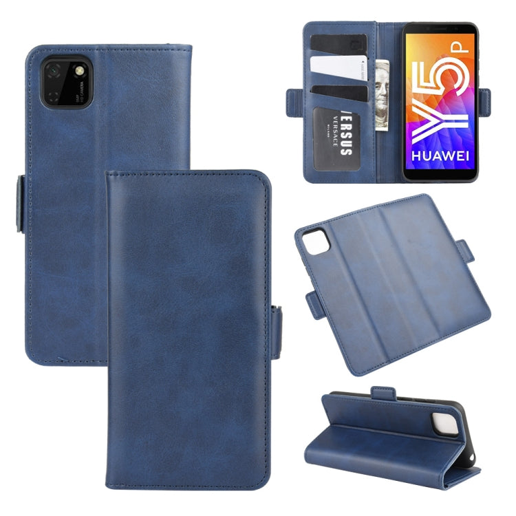 Blue leather flip phone case with magnetic buckle, card slots, and kickstand view