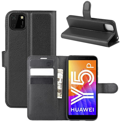 Black litchi-texture flip wallet phone case with card slots and stand