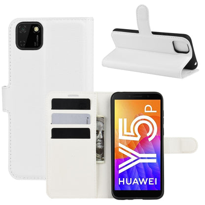 White litchi-texture flip phone case with card slots and stand for Huawei Y5p