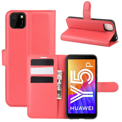 Red litchi-texture flip phone case with card slots and stand for Huawei Y5p
