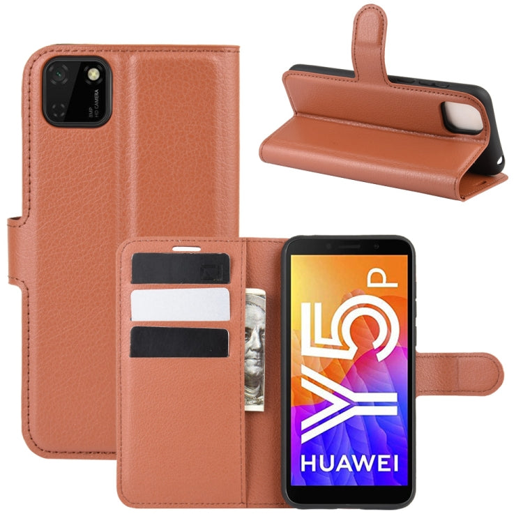 Brown litchi-texture flip phone case with card slots and stand for Huawei Y5p
