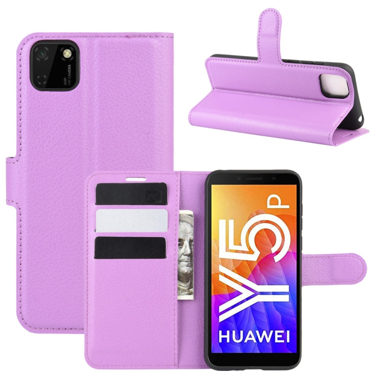Purple litchi-texture flip phone case with card slots and stand for Huawei Y5p
