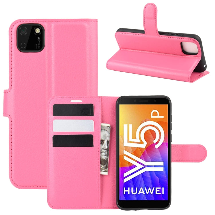 Rose red litchi-texture flip phone case with card slots and stand for Huawei Y5p