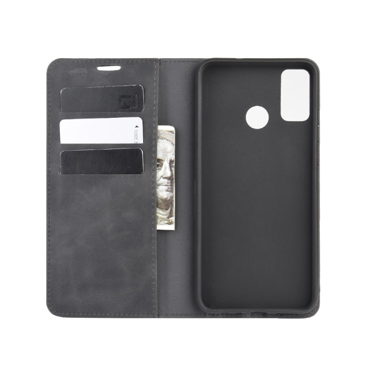 Black leather wallet phone case interior with card slots and cutouts for buttons