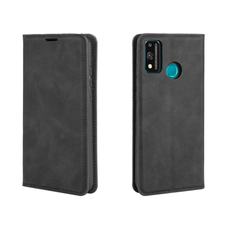 Black leather wallet phone case with magnetic closure, card slots, and camera cutout